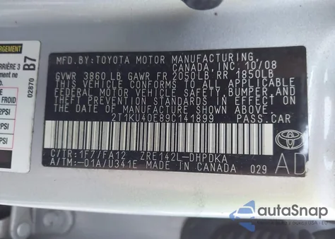 2009 Toyota Matrix z USA, uszkodzony, nr VIN 2T1KU40E89C141899